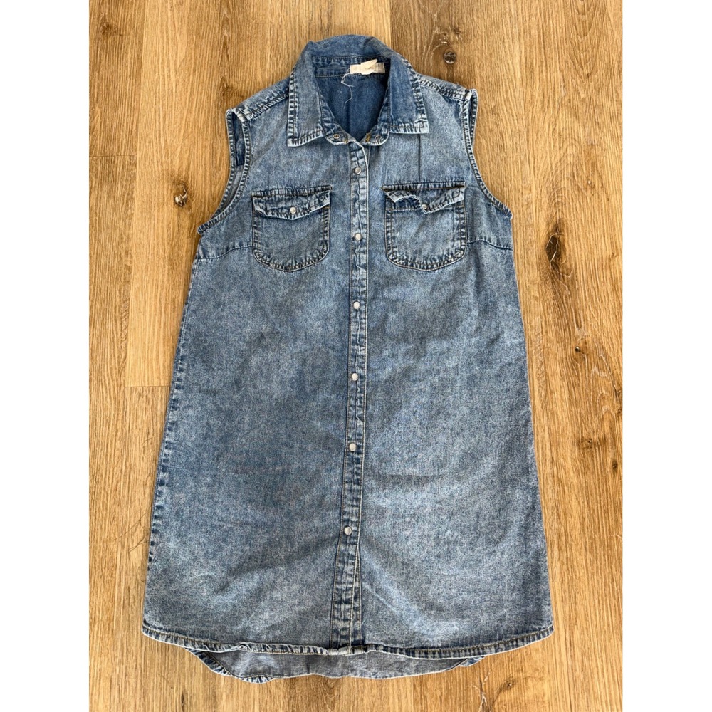 Japna Boho Denim Shirt Dress Womens Medium Blue Acid Wash Sleeveless Cotton